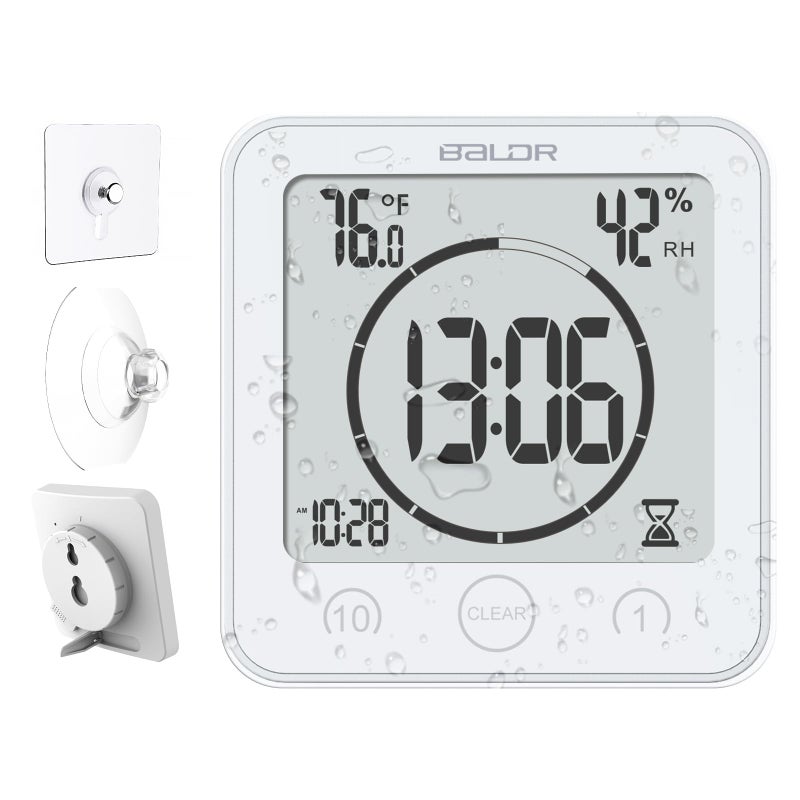 Baldr Shower Clock Waterproof Bathroom Clock with Timer/Temperature/Humidity, Digital Timers for Kids and Adults, Bath Kitchen Study, White - Image 1